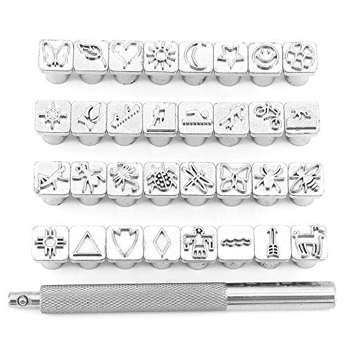 Yuhtech Metalen stempels Punch Set, 32 Stks Lederen Craft Stempelen Gereedschap Multi Vorm Stempels Punch Set met 1 Stempelen Handvat voor Lederen Art Craft