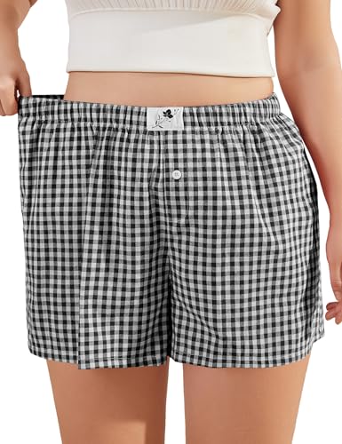 Image of COOTRY Plus Size Women Boxer Shorts Cotton Plaid Gingham Shorts Casual Pajama Sleep Shorts Y2K Beach Bottoms