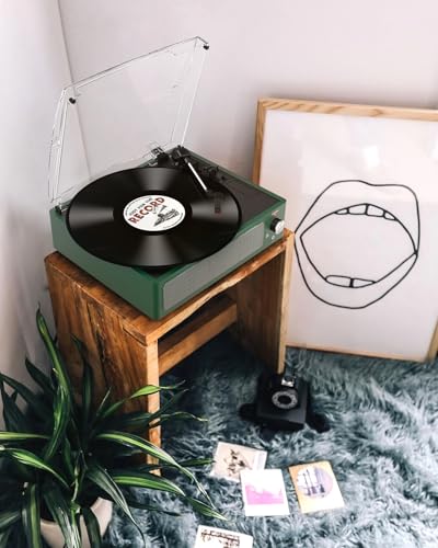 Image of Vinyl Record Player with Speakers & Wireless Receiver Turntable for Vinyl Records 3 Speed 3 Size LP Player Portable Turn Table Vinyls Records Players Headphone AUX RCA Auto Stop New Sleek Dark Green