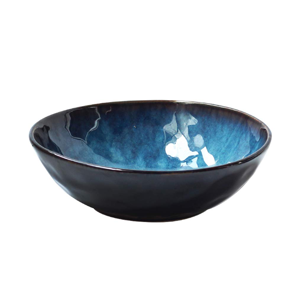 CZTOOL Blue Ceramic Salad Bowl, Retro Japanese Style Ramen Bowl, Creative Tableware Fruit Salad Bowl Soup Bowl L
