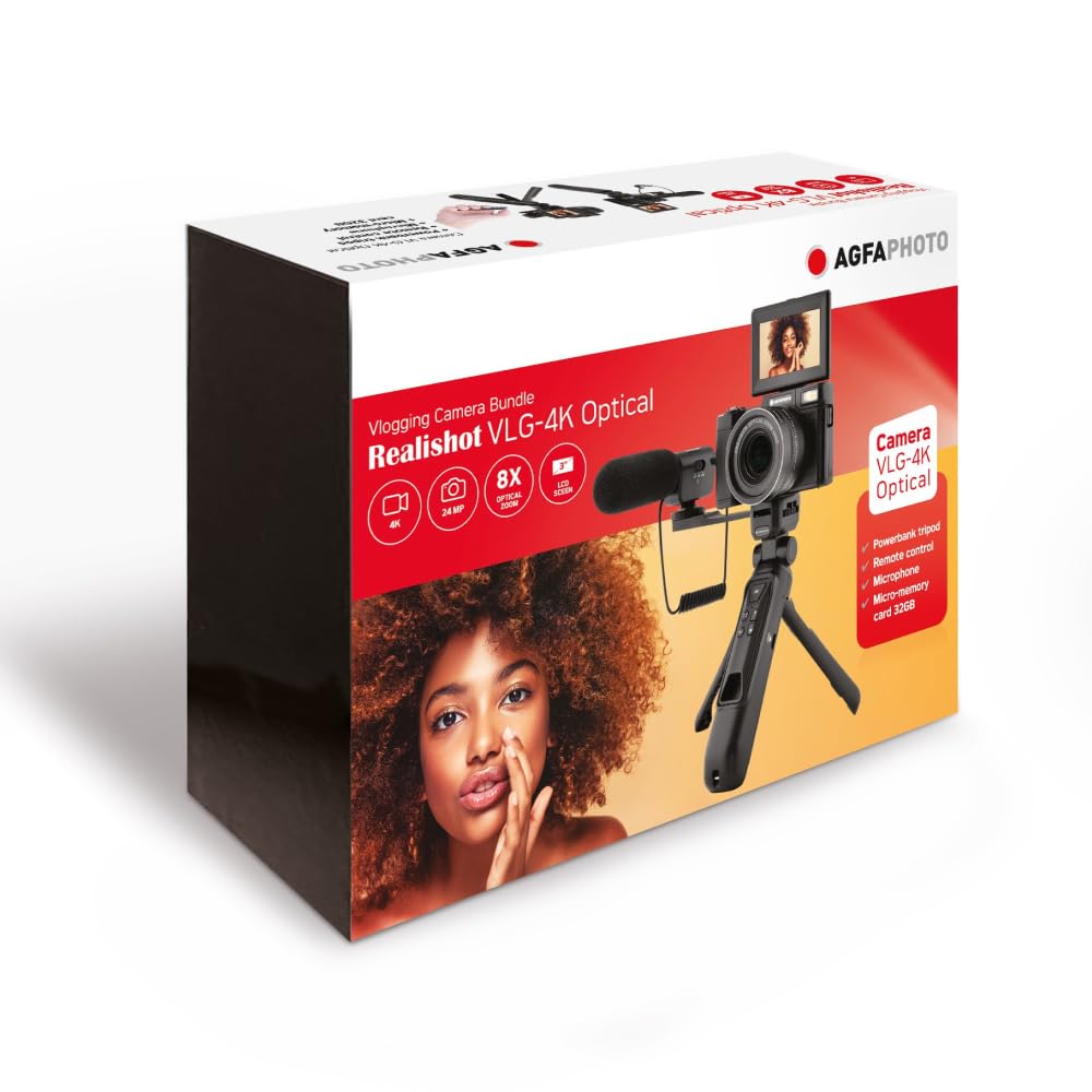 AgfaPhoto Realishot VLG-4K Kit Vlogging - Caméra 24MP, Vidéo 4K, Ecran LCD 3’’, Zoom Numérique 16X, Capteur CMOS, Batterie Lithium - Noir