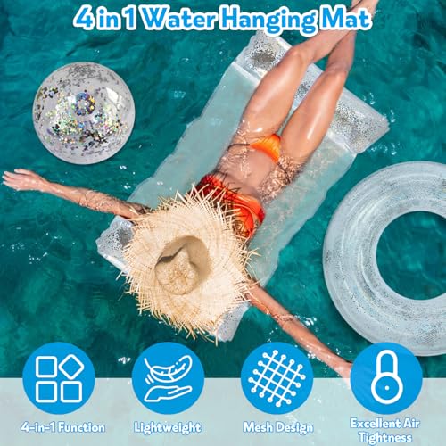 4 Stück Aufblasbares Schwimmbett, Pailletten Aufblasbare Wasserhängematte mit Schwimmring Wasserball Pumpe,4-in-1-Multifunktions Pool Luftmatratze für See Strand Schwimmbad Wasserspaß
