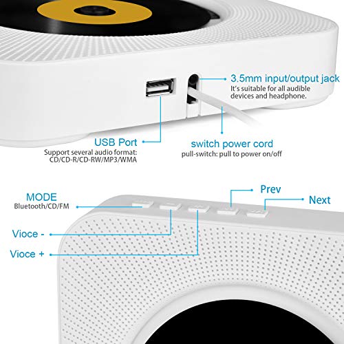 Portable CD Player with Bluetooth, Wall Mountable CD Music Player Home Audio Boombox with Remote Control FM Radio Built-in HiFi Speakers, MP3 Headphone Jack AUX Input Output (White)