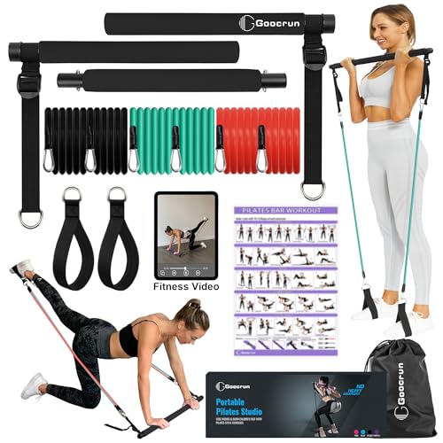 Image of Goocrun Portable Pilates Bar Kit with Resistance Bands for Men and Women - 3 Set Exercise Resistance Bands - Multifunctional Home Gym - Supports Full-Body Workouts - with Fitness Poster and Video