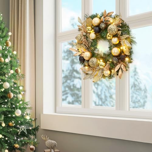 22 Inch Artificial Christmas Wreath, Pre-Lit Lighted Christmas Wreath with Ball Ornaments, Golden Leaves, Pine Needles, Winter Xmas Wreath with Timer for Door Window Fireplace