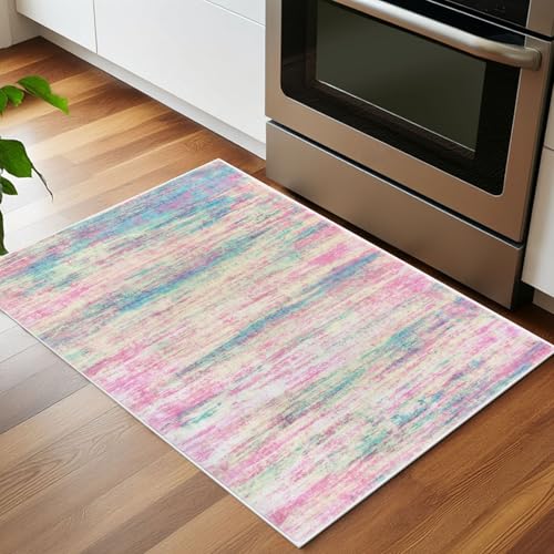 KOZYFLY Modern Abstract Small Area Rugs 2x3, Washable Indoor Front Door Mat Non-Slip Soft Small Bathroom Rug, Entryway Rugs Abstract Print Faux Wool Doormat Kitchen Mats, Multi Pink