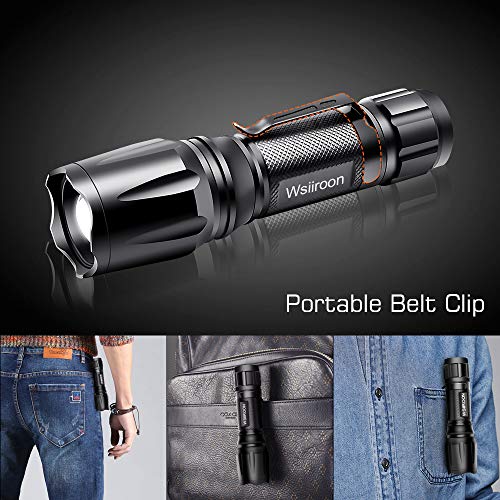 Ultra-Bright LED Flashlight, Wsiiroon CREE XML-T6 LED Flashlight, Zoomable, IP65 Water-Resistant, 5 Light Modes, Portable with Clip for Indoor and Outdoor Use, 2 pack (Batteries Not Included)