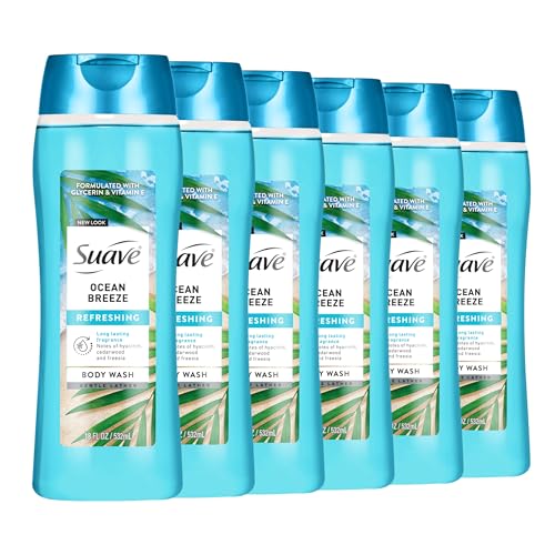 Suave Ocean Breeze Moisturizing Body Wash with Glycerin & Vitamin E Hydrating Formula For Soft Smooth Skin Long Lasting Fragrance 18 FL OZ 6 Count