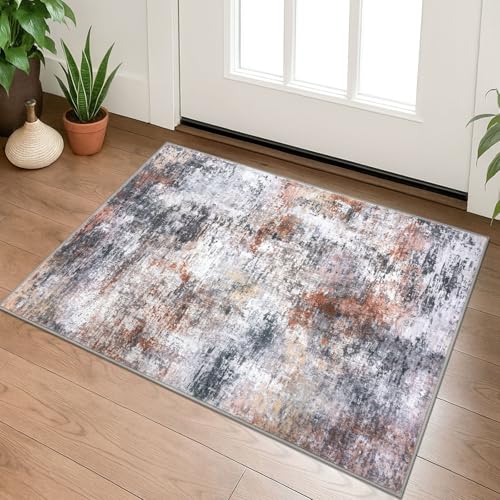 Lansny Modern Abstract Entryway Rug Indoor 2x3 Washable Non-Slip Soft Grey Orange Colorful Small Area Rug Kitchen Mat Thin Print Faux Wool Floor Carpet for Entrance Bedroom Office