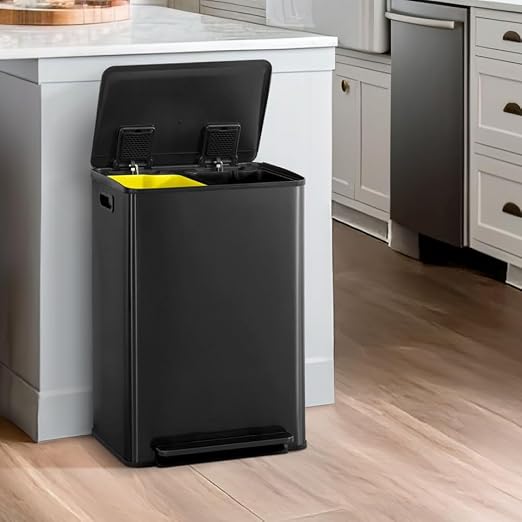 CAPHAUS Black Dual Trash Can w/Double Lid, Trash & Recycle Bins Combo, Hands-Free Stainless-Steel Garbage Can for Kitchen, with 2 Compartment, Hinged Lid, Odor Filters, Handles, 30L+30L, 2 x 8 Gal