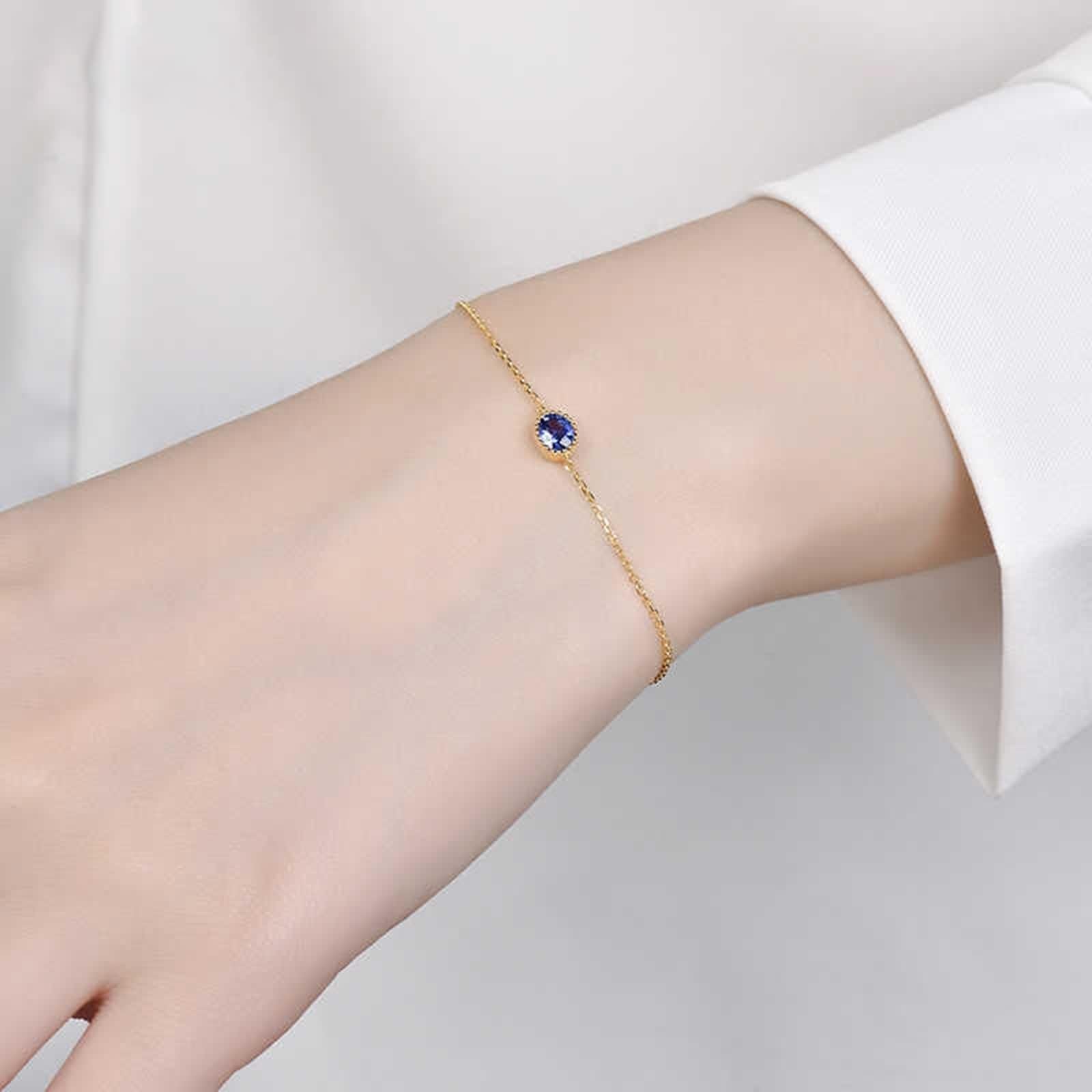 Pulsera de eslabones de cadena para mujer, pulsera vintage de zafiro azul de 0,4 quilates, cadena ovalada de oro amarillo
