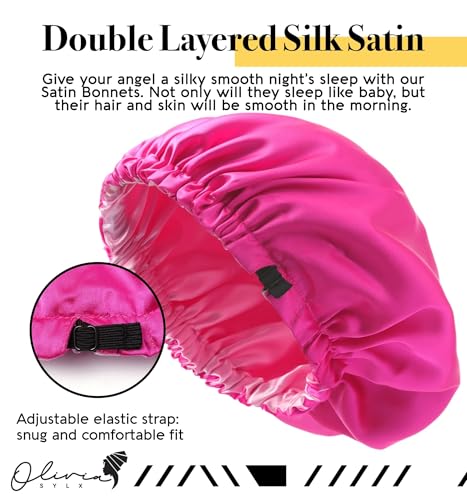 Olivia Sylx - Satin & Silk Bonnet - Sleep Cap & Kids Hair Cover for Girls, Adjustable (Hot Pink/Light Pink, 4-8 Years)2