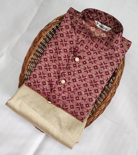 Image of Men Regular Full Sleeve Silk Cotton Kurta with Golden Pajama Set