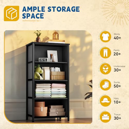 DWVO Storage Tower with 4 Drawers - Fabric Dresser, Organizer Unit for Bedroom, Living Room, Closets - Sturdy Steel Frame, Easy Pull Fabric Bins & Wooden Top