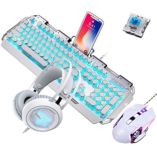 Preisvergleich Produktbild Mechanische Gaming-Tastaturmaus und -Headset, Blaue Schalter Blaue LED-Metall-Tastatur + 3200 DPI-Maus + Buntes Atmenlicht-Gaming-Headset