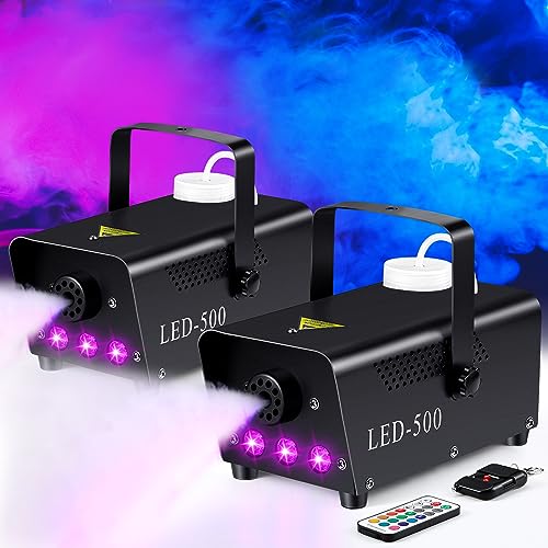 Retisee 2 Set 500 Wattage Fog Machine Halloween with 3 Colorful LED Lights Wireless Remote Control Fog Machine with Power Cord, Receiver and Manual for Wedding Parties DJ Stage Effect