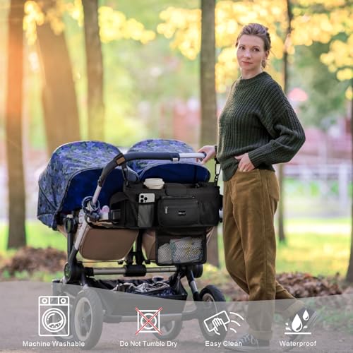 Image of TOPDesign Universal Baby Stroller Organizer, Double Stroller Caddy with Detachable Mesh Bag & Heightened Insulated Cup Holders & Non-Slip Secure Hooks Accessories, Fits Most Strollers (Black)