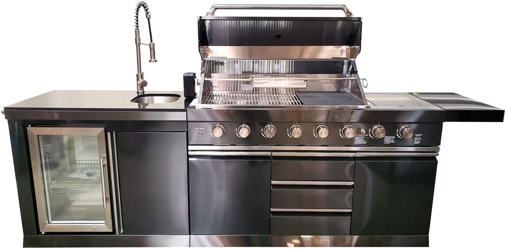 Black Stainless Steel 6 Burner 2 Modular Piece Marble Top BBQ Outdoor Electric Propane Grill Kitchen with Refrigerator, Sink, Side Burner, LED Lights on Knobs, & Protective Cover