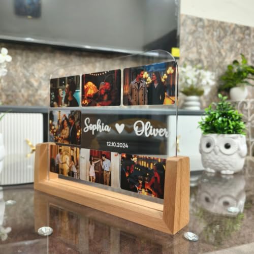 Image of Custom Photo Collage LED Lamp | Personalized Acrylic Night Lamp with Wooden Base | Photo Frame Light with Name | Couple Gift | u Shape (Large(13 * 8.5), u Shape)