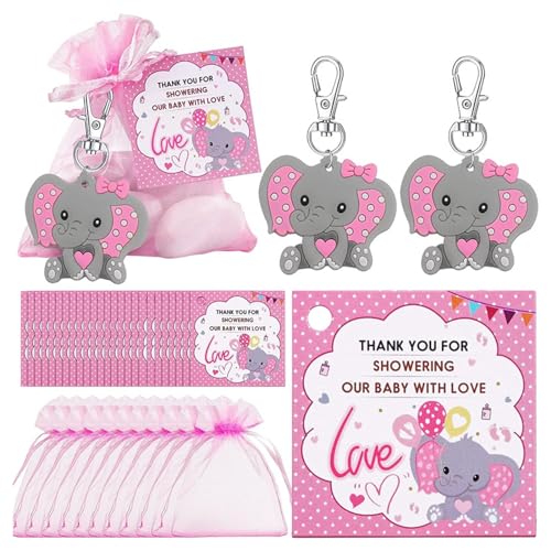 40 conjuntos de lembranças de chá de bebé para meninas e meninos, presentes de retorno, incluindo porta-chaves de elefante, bolsas com cordão, cartões de agradecimento, decorações de chá de bebé para
