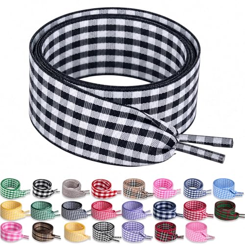 RSAJHTRY Flat Gingham Shoe Laces 25mm Wide Black White Plaid Shoe Laces for Women Sneakers 2 Pair 47.2 Inch