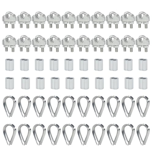 AIMUNOK 60PCS Stainless Steel Wire Rope Cable Wire Rope Clamp Thimbles Aluminum Crimping Loop Sleeve 1/8“M3 for Wire Rope Cable Thimbles Rigging