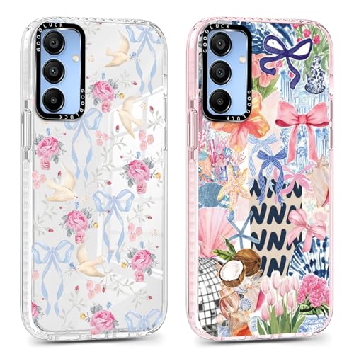 lioscre 2 Packs Phone Case for Samsung Galaxy A15 5G 6,5'', Pink Bow Flower Floral Pattern Aesthetic Design with Clear Transparent Cover, Shockproof Protective Bumper Slim Funda for Women Girls, 03