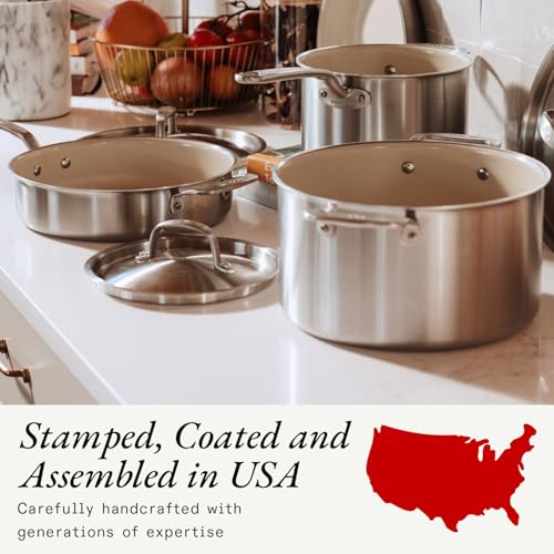 Image of Made In Cookware - 5 Pc Ceramic Non Stick Cookware Set (Stainless Handle) - 5 Ply Clad - Includes Ceramic Non Stick Frying Pan, Saucepan and Saucier with Lid - Professional Cookware