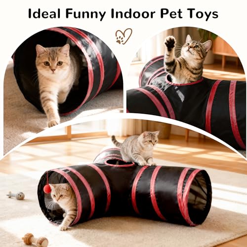 Image of Tempcore Cat Tunnel for Indoor Cats, 3 Way Collapsible Pet Play Tunnel with Teaser Wand, Peek Holes & Hanging Ball, Interactive Tube for Kittens & Rabbits, Black & Red