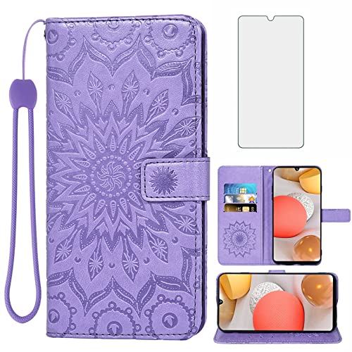 Phone Case for Samsung Galaxy A42 5G Wallet Cases with Tempered Glass Screen Protector Sunflower Leather Slim Flip Cover Card Holder Stand Cell Accessories Glaxay A 42 Gaxaly 42A S42 Women Purple