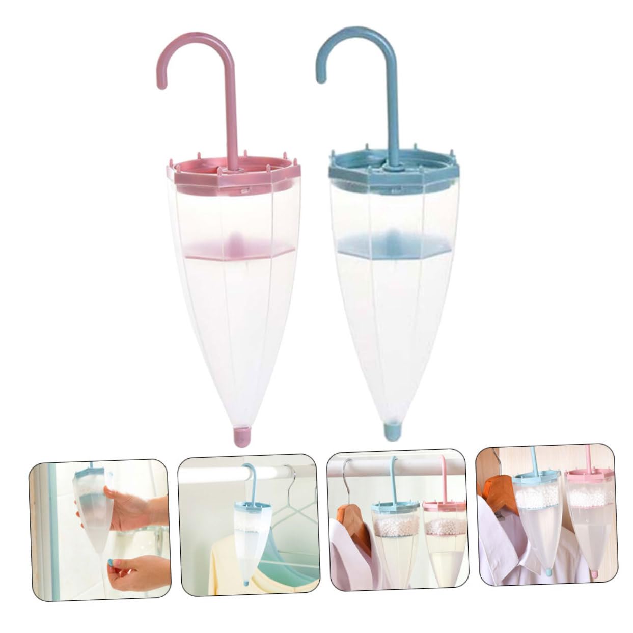 Dispositivo Deumidificatore Armadio 2 Pezzi a Forma di Ombrello con Alta Assorbenza Umidità e Design Appendibile in Materiale Abs e Silicone per Uso Domestico