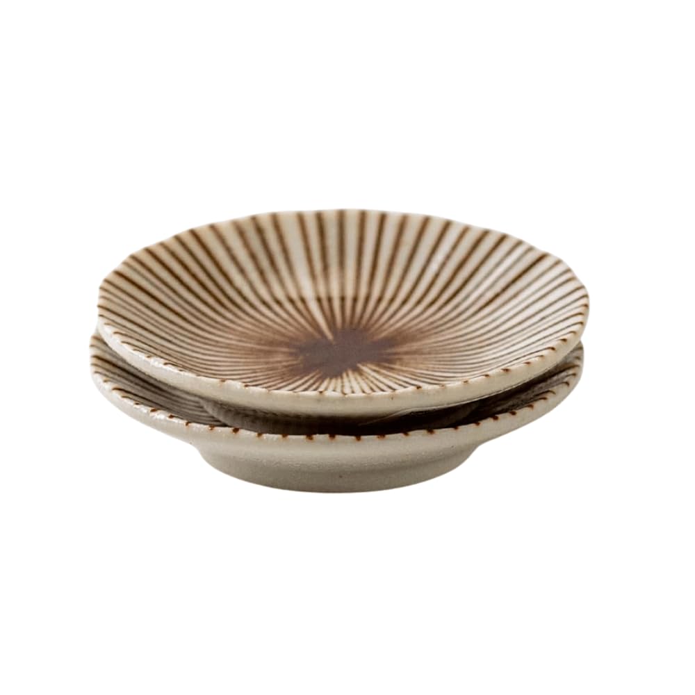 Starry Mart Japanese Minoyaki Style Mini Plates – Line Tokusa Pattern Ceramic Dishes Assorted Colour Ø8.2cm | H1.8cm – Set of 2 | Microwave & Dishwasher Safe | Made from Japan (Brown)
