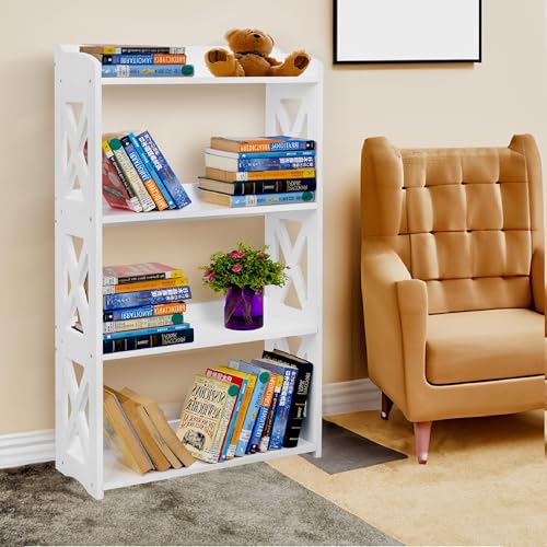 Image of White Bookcase by Natural Wood, 4 Tier Bookshelf, Small Book Shelves Freestanding Display Storage Shelves. Open Bookshelf for Bedroom, Living Room and Office (White, 4 Tier)