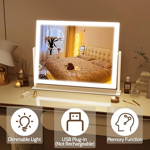 Image of ROLOVE Lighted Makeup Mirror 16.3 inchx12.6 inch, Hollywood Vanity Mirror with 10X Magnifier, 3 Color LED Lighting Modes, Smart Touch Control & 360 Rotation, Tabletop Makeup Mirror (White, Gift Ready)