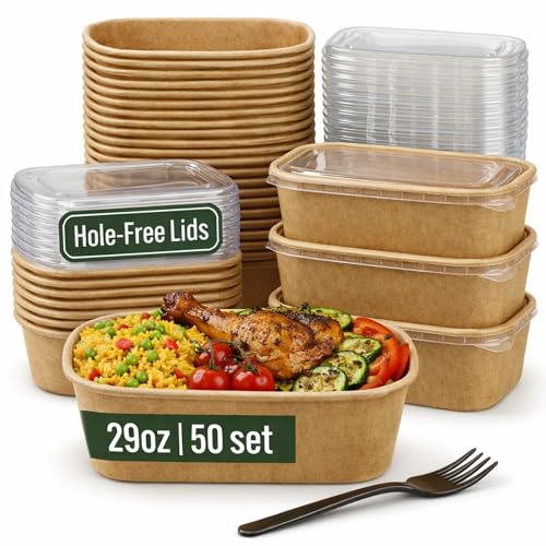 Leafiew 50 Pack 29Oz Disposable Meal Prep Containers With Lids - Microwave and Freezer Safe Kraft Paper Bowls with Lids and Forks - Disposable Food Containers - To Go Bowls for Food Prep and Salad