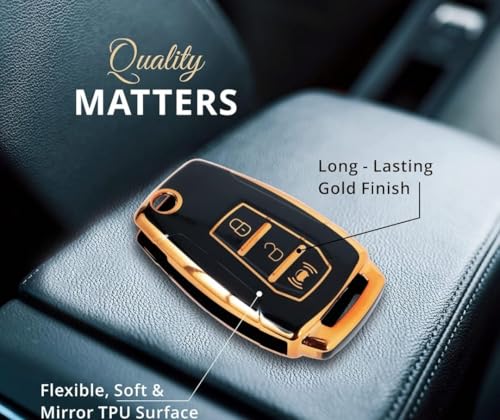 Image of TPU Car Key Cover Black & Golden Compatible for Mahindra XUV300, Alturas G4 (Mahindra, 3 Button Flip Key)