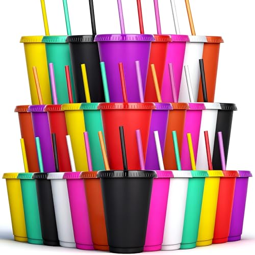 Alohastarttg Reusable Cups with Lids and Straws, 16oz Plastic Party Cups, Holiday Party Favors, Leak-Proof Tumblers, Ideal Happy Birthday Gift, 32 Pack Smoothie Cups (32, Solid color)