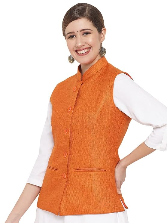 Image of Vastraa Fusion Solid Indian Traditional Ethnic Waistcoat Festive Woolen Nehru Jacket for Women