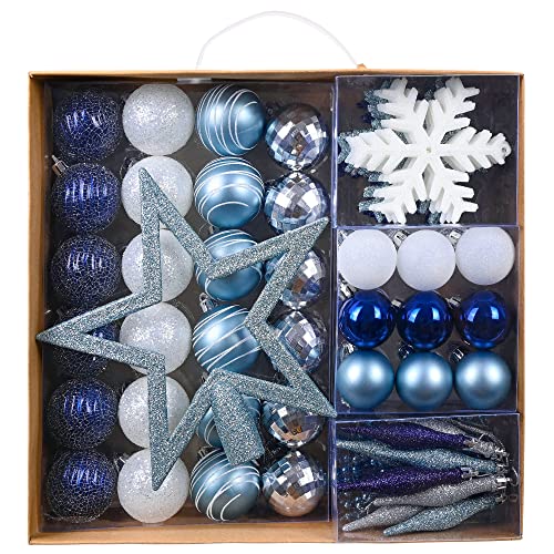 VALERY MADELYN Weihnachtskugeln 60 Stücke Kunststoff Christbaumkugeln Baumschmuck Weihnachtsdeko mit Aufhänger für Weihnachtsdekoration Winterwünsche Thema Silber Blau Cover