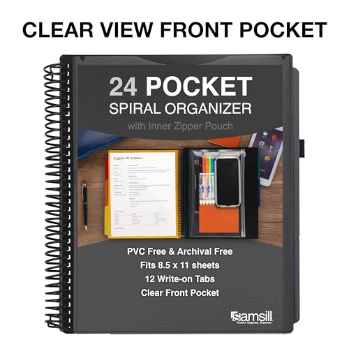Image of Samsill Spiral Folder Organizer - 12 Dividers & 24 Pockets with Notepad Holder, Multi Pocket Color Cordinated Folder Binder with Customizable Tabs, Document Organizer (Grey)