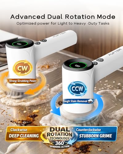 Image of PUFTEM Shower Scrubber, Electric Spin Scrubber for Bathroom Cleaning - Cordless Shower Cleaner Brush with 6 Brush Heads, Dual-Direction Rotation, for Grout, Tile, Tub, Sink & Corners, White