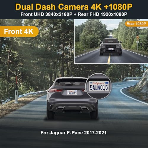 Image of Fitcamx Front 4K+Rear 1080P Dash Cam Adaps for Jaguar F-Pace 2017-2021 (Model 6053) 20d 25t 35t P250 P340 P400 X761, OEM Style, 2 Ways HD Video, WiFi & APP, Loop Recording, G-Sensor, 128GB Card