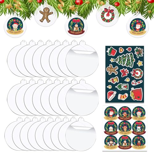 JSTHHTT 25 Palline de Natal acrílicas transparentes 7,5 cm, com 2 adesivos natalícios, ornamentos para árvore, personalizados, decoração suspensa para festas