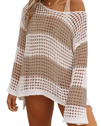 Image of Bsubseach Crochet Cover Up Women Sexy Hollow Out Swim Coverup Summer Outfit | Long Sleeve Bathing Suit Cover Up, Chic Mesh Crochet Top, Sexy Side Slit Swimsuit Coverup, Beach Vacation Essential