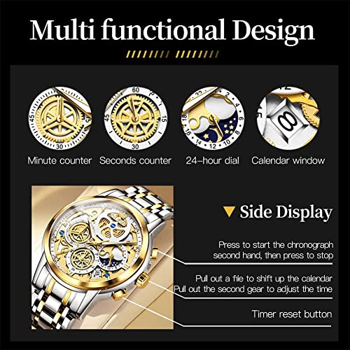 Image of OLEVS Mens Original Skeleton Luxury Business Analog Quartz Wrist Watches | Big Face Chronograph watch for men,stylish dress Gift,Stainless Steel ,Waterproof Luminous,Easy to Read