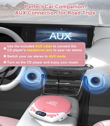 Image of Greadio Personal CD Player with Headphones, Portable Pink CD Player for Car & Home, Rechargeable CD Players with 60s Anti-Skip, Supports CD /MP3 /WMA /TF Card /AUX, Backlit /Lock /Programmable /Timer
