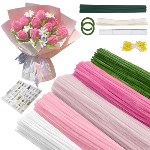 400 Pcs Pipe Cleaner Flower kit with Wrapping Paper, 5 Colors Pipe Cleaners Craft, Chenille Stems Flowers Craft kit with Flower Stems, Floral Tape, Stamen, Ribbon (Pink)