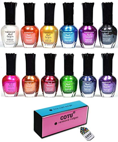 Kleancolor Nail Polish Awesome Metallic Full Size Lacquer Lot of 12 Set and COTU (R) Nail Buffer Block (1 pc)