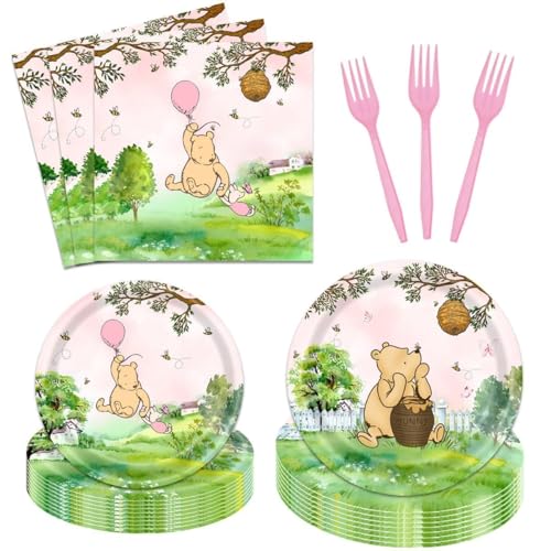 96 Pcs Classic Pooh Bear Party Supplies for Girls 24 Guests Baby Shower Tableware Plates Napkins Cartoon Little Bear Bees Dinnerware Table Decorations Newborn 1st Happy Birthday Party Favor