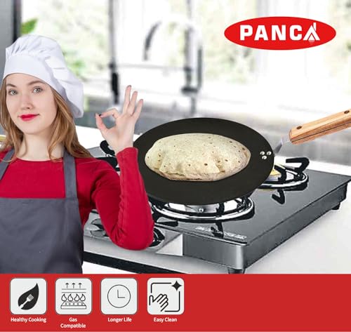 Image of PANCA Cast Iron Tawa 24cm Pre-Seasoned - Non Stick Iron Tawa for Roti, Dosa, Chapati | Induction & Gas Compatible Flat with Wooden Handle | Heavy Duty Cast Iron Cookware (Roti Tawa)